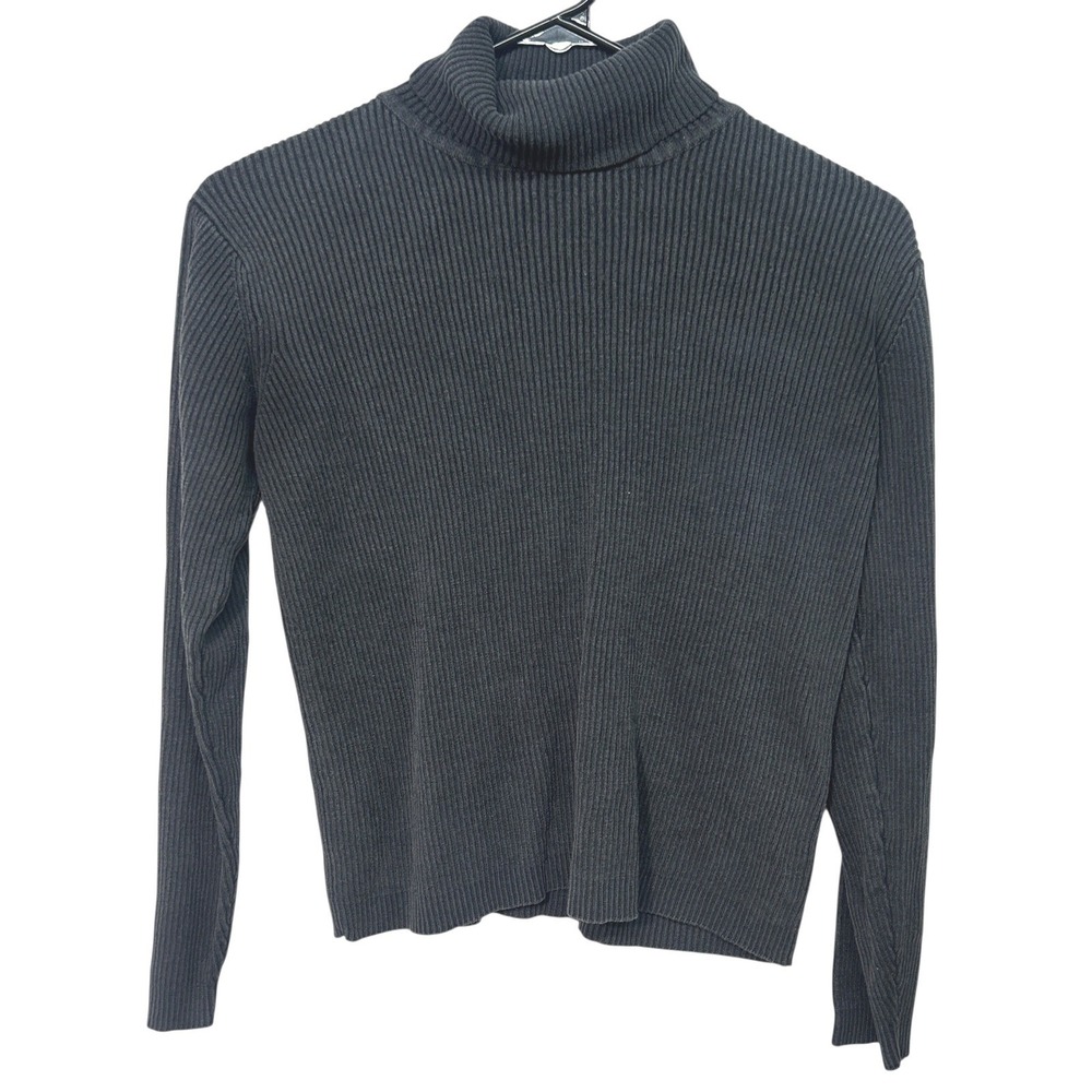 Silk Wool Ribbed Turtleneck Sweater L Charcoal Minimalist‎ Quiet Luxury Capsule